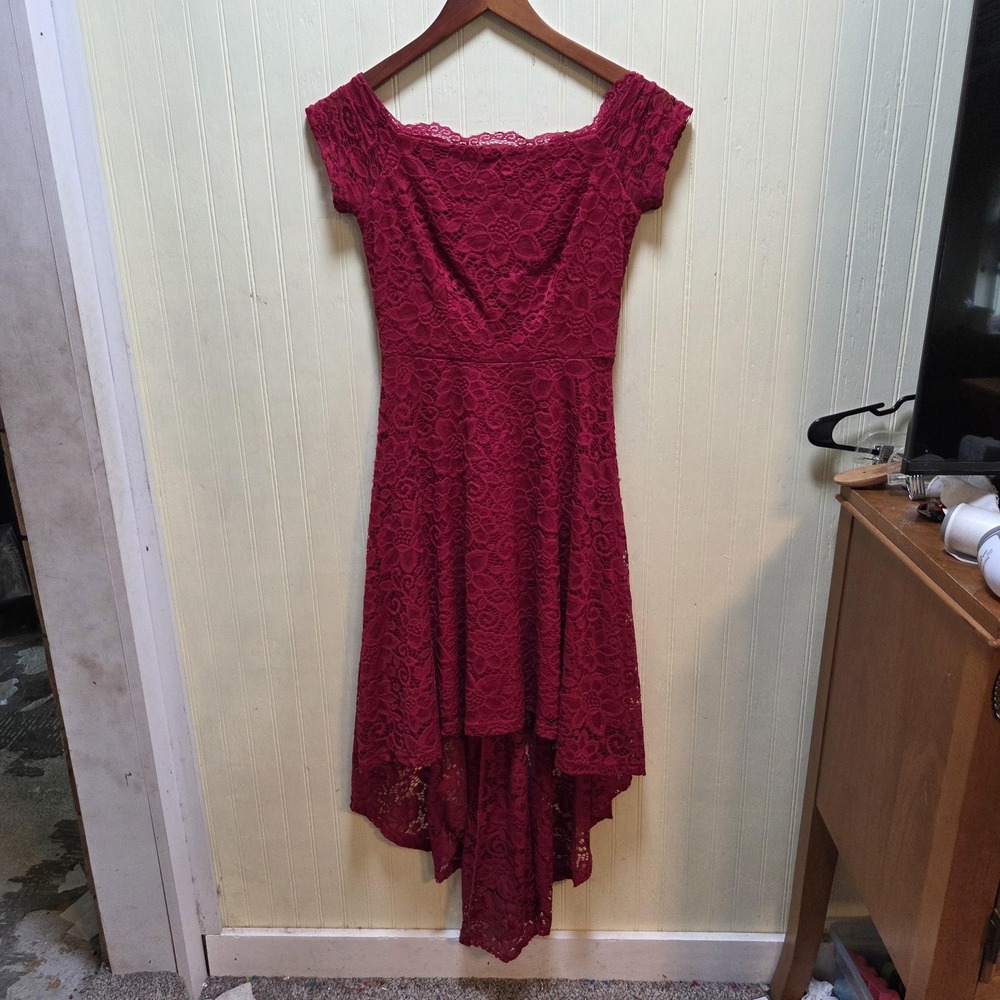 Dressystar Dress Womens XS Red Floral Off Shoulder Lace Hi-Low Fit & Flare
